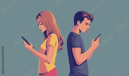 Couple ignoring each other while engrossed in their smartphones, illustrating digital disconnect