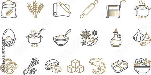 A comprehensive collection of cooking and food ingredient line icons, perfect for culinary and kitchen-related projects.