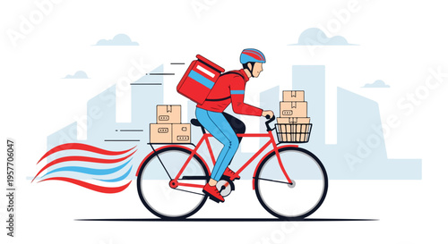Illustration of a delivery person riding a bicycle with packages in a cityscape with motion blur, conveying a sense of speed and efficiency with a modern aesthetic.