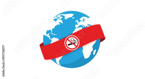 Graphic illustration of a blue globe wrapped with a red no smoking tape with a white symbol on a plain white background.
