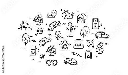 Eco friendly tourism icons green transport renewable energy travel thin line vector set