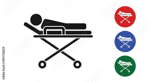 Graphic illustration of a person lying on a hospital gurney with icons in red, blue, and green circles.