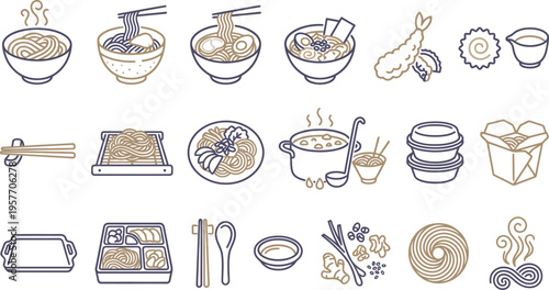 Minimalist line art icons representing various delicious Asian noodle dishes and culinary ingredients clearly displayed.
