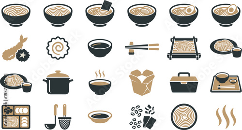 Collection of stylized icons representing various traditional Japanese ramen and noodle dish elements.
