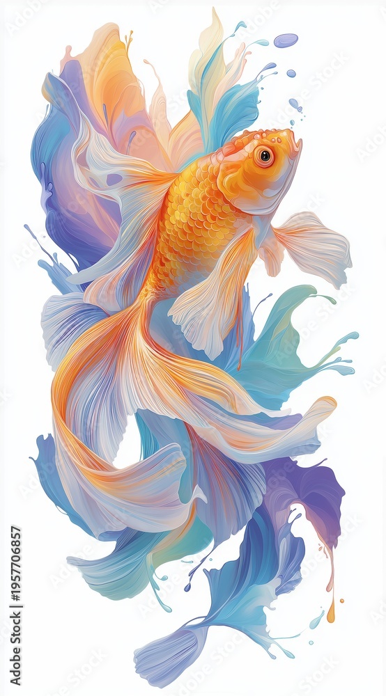 Fototapeta premium Vertical digital illustration of a goldfish with long swirling fins. Artistic orange fish with fluid blue and purple paint flows. Elegant aquatic animal design on white background
