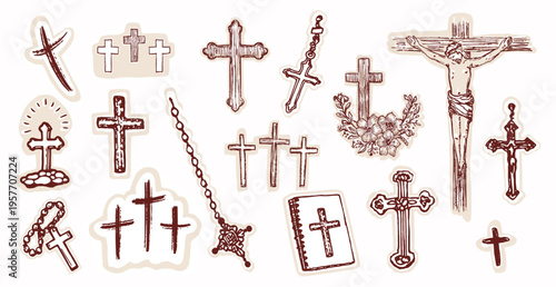 Hand drawn christian cross and crucifix motif collection illustration set. Isolated vector for bible study, religious element graphic, catholic crucifiction Jesus Christ symbol bundle pretty aesthetic