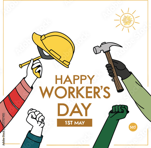 Happy workers day celebration with fists and tools  labor day