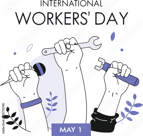 International Workers Day illustration with hands holding tools and leaves