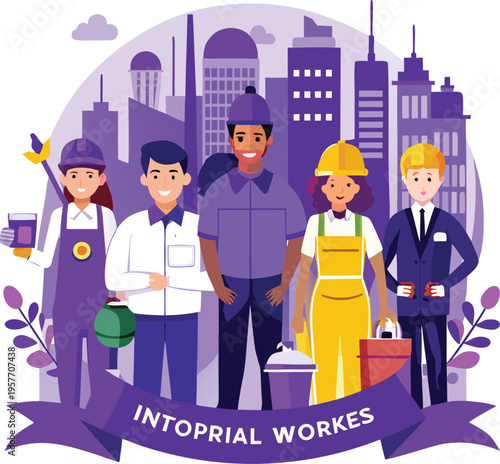 Group of diverse cartoon workers with cityscape background smiling