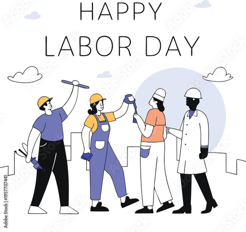 Happy Labor Day celebration with diverse workers and tools