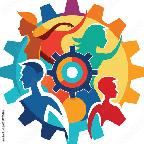 Colorful people silhouettes with gear wheels and teamwork concept