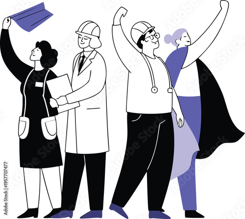 Four people in different professions celebrating together with happiness