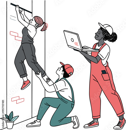 Three people working together on a project with laptop computer