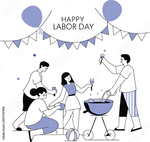 Happy labor day people enjoying barbecue with drinks outdoors