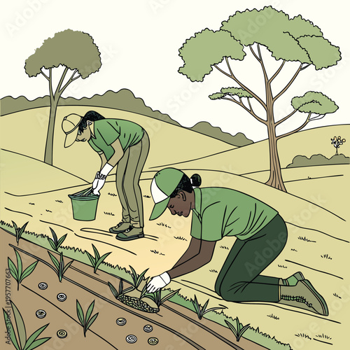 Two people planting young trees in a rural landscape with rolling hills