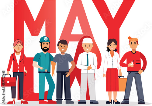 Diverse group of people standing together in front of May text