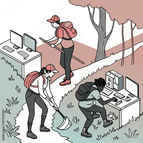 People working with computers and cleaning tools outdoors in park