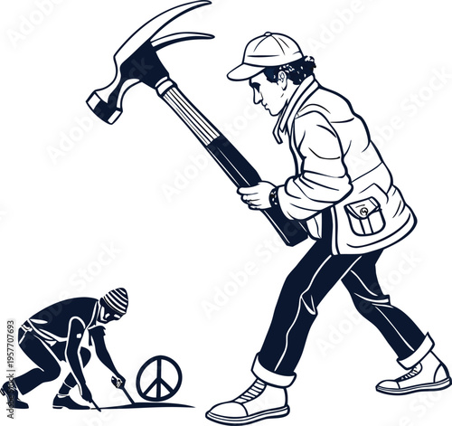 Man with large hammer hitting peace sign drawn on ground