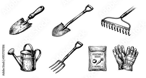 Collection of vintage garden tools and supplies for planting and cultivation