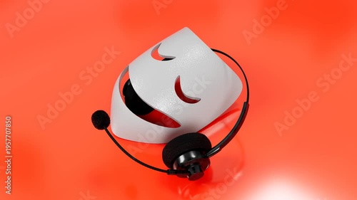 White Mask With Headset On Red Background Scam Concept