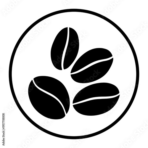 Minimalist black vector icon of four coffee beans inside a circle, clean flat design logo symbol for cafe, coffee shop or beverage packaging