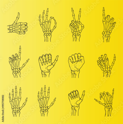 Skeletal hand gestures set in cartoon style illustration