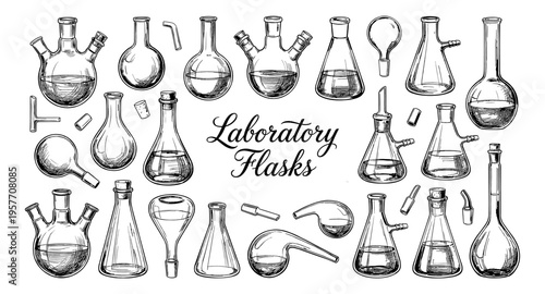 Collection of various laboratory glassware and flasks for scientific experiments