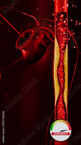 Cardiovascular Risk Gauge Infographic Showing Artery Narrowing and Rupture, Health Awareness Visual, 3D Rendering