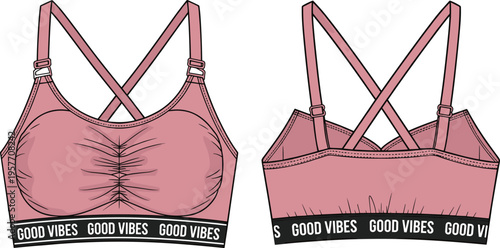 Web"Pink sports bra front and back view with ruched center detail, crisscross straps, bold elastic band featuring GOOD VIBES text, stylish fitness fashion activewear garment"