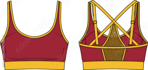 Web"Maroon sports bra front and back view with scoop neckline, crisscross yellow straps, breathable mesh panel, wide elastic band, stylish fitness fashion activewear design"