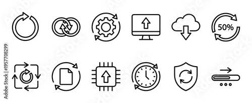 Set of black line icons representing update, synchronization, and data processing concepts for user interface design, including refresh, upload, download, and loading progress symbols