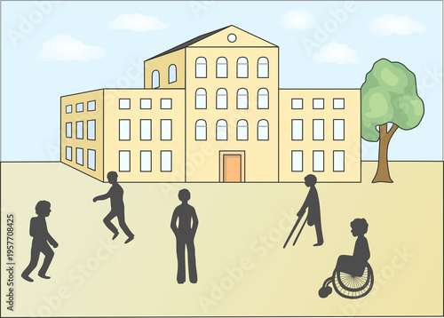 Obraz na plátně A vectorgraphic of a school building wit several people in the foreground,