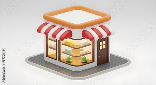 3D Render of a Cute Cartoon Storefront with Red and White Striped Awning and Display Window