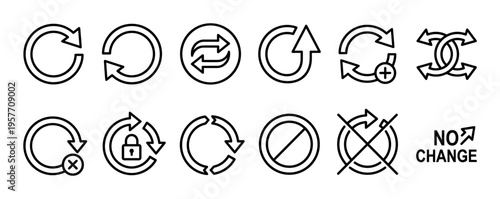 Collection of black line art icons representing refresh, reload, update, and change concepts for user interface design, including undo, redo, sync, and prohibition symbols