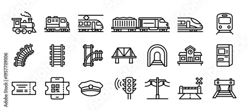 Collection of black line icons representing trains, railway transportation, and railroad infrastructure elements like tracks, stations, tickets, and signals in a simple minimalist style