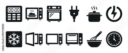 Collection of black glyph icons representing kitchen appliances and cooking symbols, including a microwave, oven, timer, pot, whisk, and power plug for culinary concepts