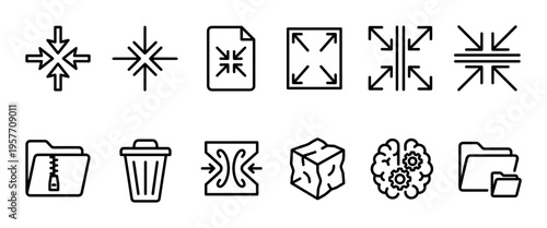 Set of minimalist black line art icons representing data compression, file size reduction, digital archiving, and system optimization for user interface design and software development