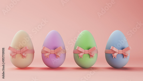 Colorful aster egg with pink ribbon bow on pastel background