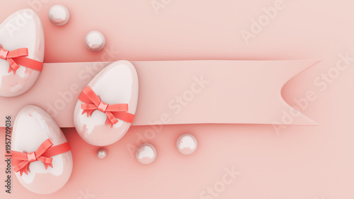 Easter egg with red ribbon bow on pastel background