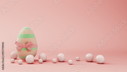 Easter egg with pink ribbon bow on pastel background