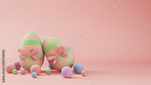 Easter eggs with pink ribbon bow on pastel background