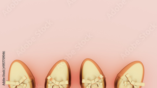 Easter golden egg with ribbon bow on pastel background