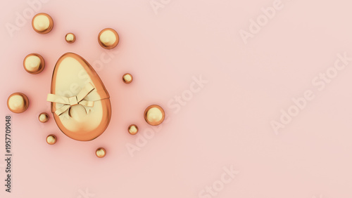 Easter golden egg with ribbon bow on pastel background