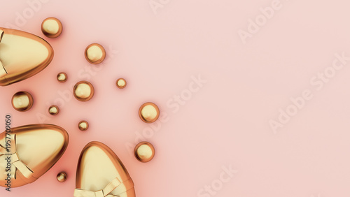 Easter golden egg with ribbon bow on pastel background