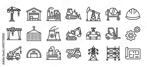 Large set of industrial and construction line icons featuring a crane, factory, excavator, and forklift for engineering and manufacturing concepts