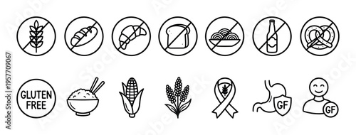 Set of gluten-free and celiac disease awareness icons showing prohibited foods like bread and pasta and safe alternatives in a clean black line art illustration style