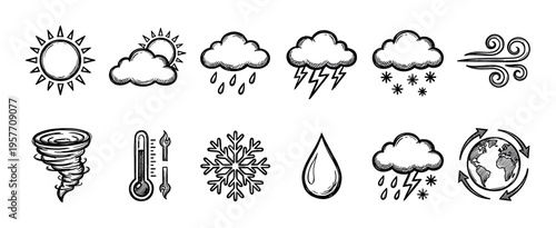 Hand drawn weather forecast icon collection set showing various meteorological symbols like sun, cloud, rain, snow, and wind in a black and white sketch doodle style illustration