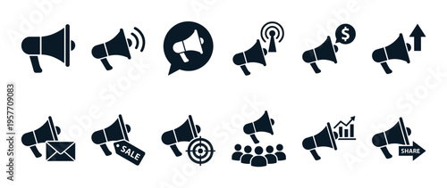 Collection of black megaphone icons representing marketing, promotion, and communication concepts like sales, targeting, audience growth, and social media sharing