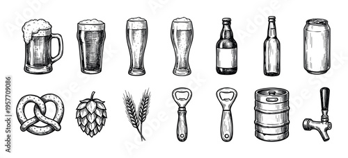 Hand-drawn collection of beer related icons including a mug, glass, bottle, can, keg, pretzel, hop, wheat, and bottle opener in a vintage black and white sketch style
