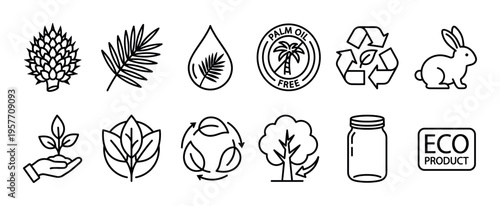 Twelve minimalist ecology and sustainability icons drawn in a simple black outline style, featuring symbols for natural, organic, cruelty-free, and eco-friendly product packaging